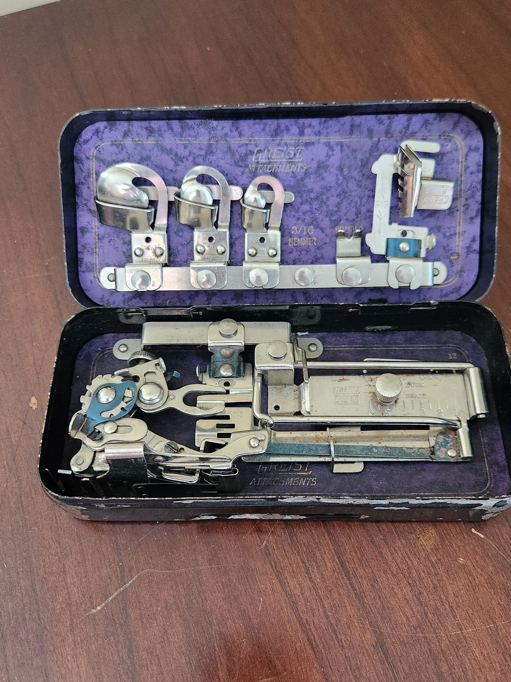 Greist Sewing Machine Attachments Binding Tucker Ruffler in Tin Case Vintage